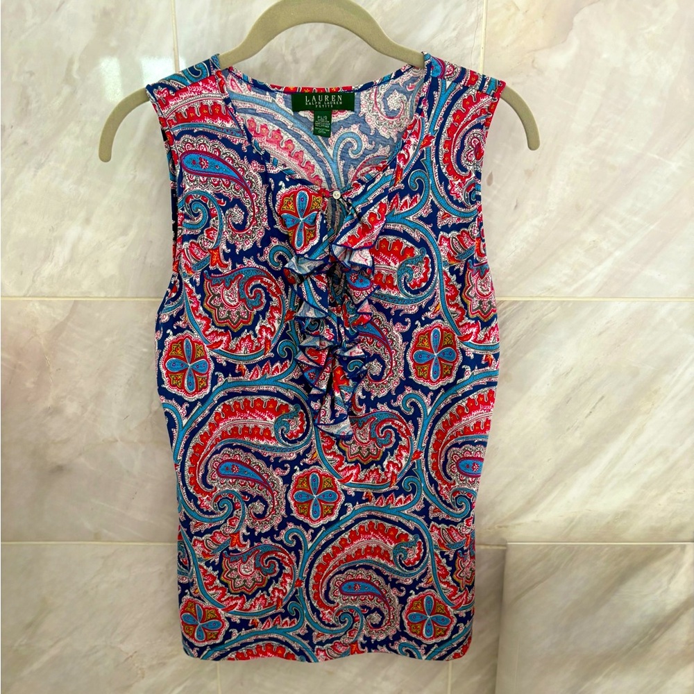 Lauren Red and Blue Paisley Print Sleeveless Shell with Ruffle